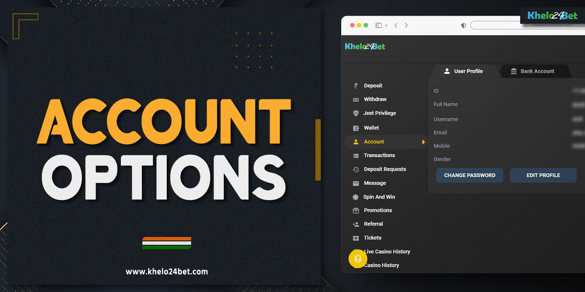 Description of account options on the Khelo24Bet platform