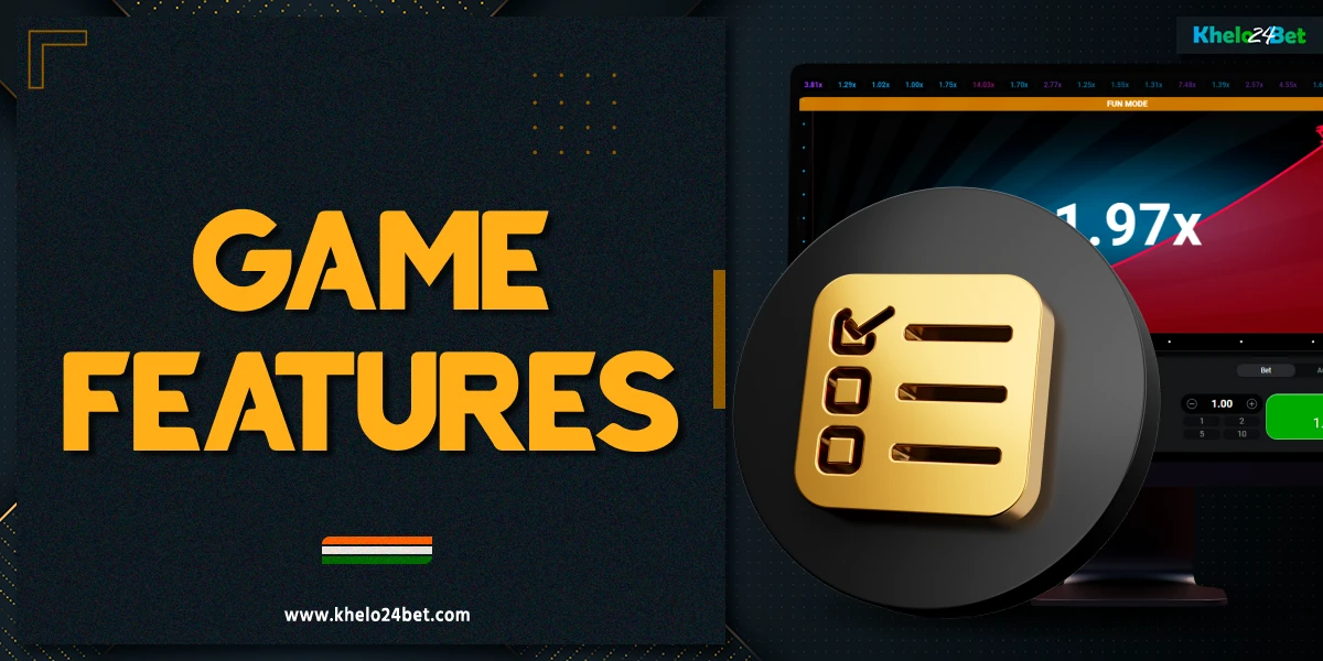 3D checklist icon with Features text and Aviator game on PC, dark background with yellow and white abstract elements, Aviator game features on Khelo24Bet