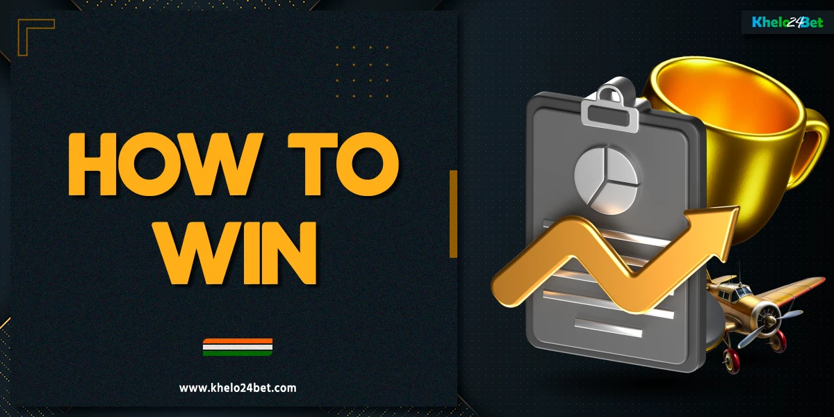 3D strategy icon with upward arrow and trophy, dark background with yellow and white abstract elements, How to win Aviator on Khelo24Bet