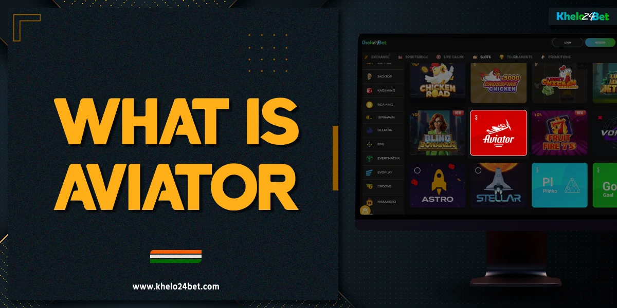 PC with Aviator game on the screen, dark background with yellow and white abstract elements, What Is Aviator on Khelo24Bet