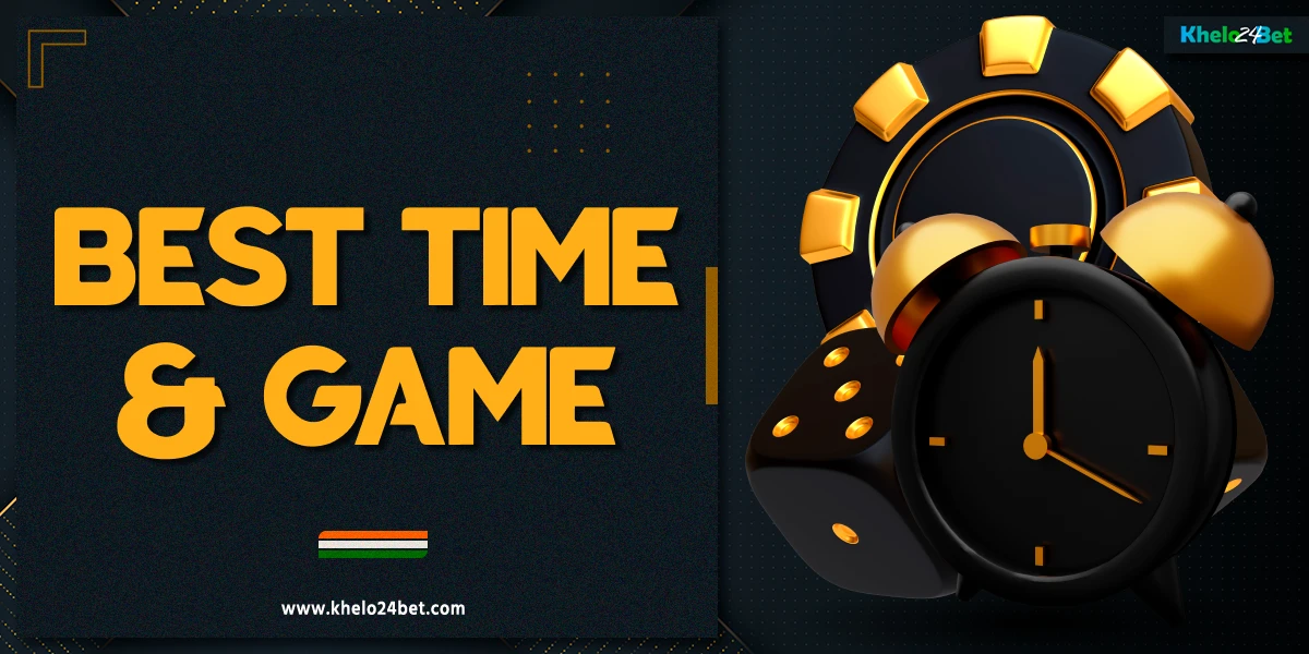 Clock with dice and casino chip on a dark background with yellow and white abstract elements, best time and best games Khelo24Bet