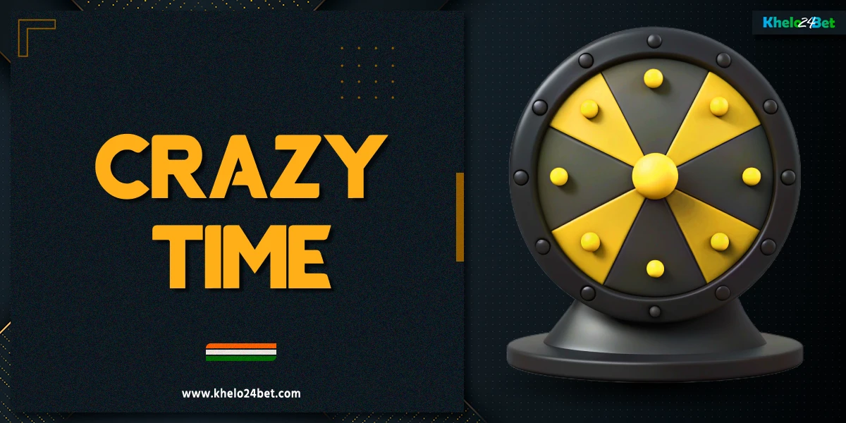 3D fortune wheel on a dark background with yellow and white abstract elements, symbolizing Khelo24Bet Crazy Time game