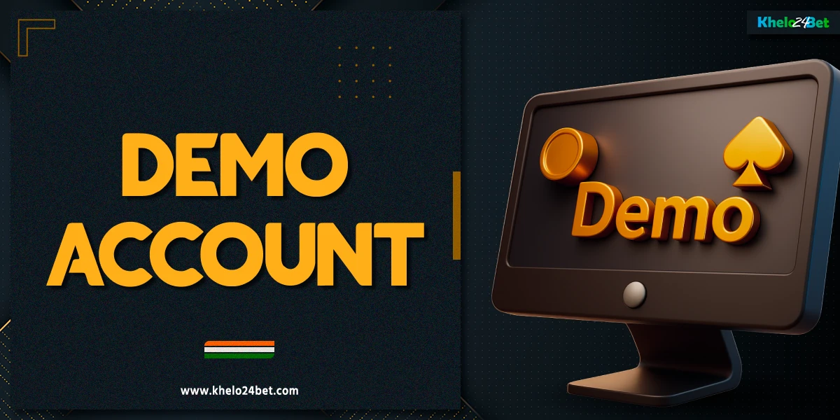 PC monitor displaying demo account on a dark background with yellow and white abstract elements, illustrating Khelo24Bet demo account for practice