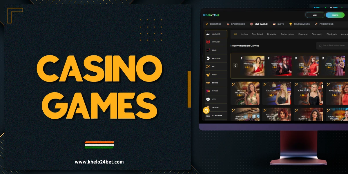 PC showing Khelo24Bet official casino website on a dark background with yellow and white abstract elements, representing popular casino games