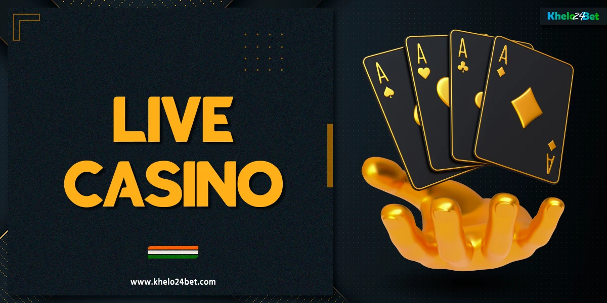 Hand holding floating playing cards on a dark background with yellow and white abstract elements, illustrating Khelo24Bet live casino experience