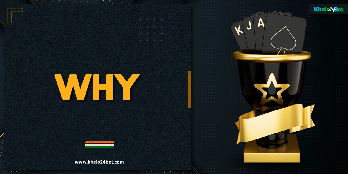 3D trophy with cards on a dark background with yellow and white abstract elements, representing why to choose Khelo24Bet online casino