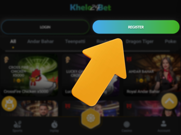 Khelo24Bet official website with highlighted Register button, step 1
