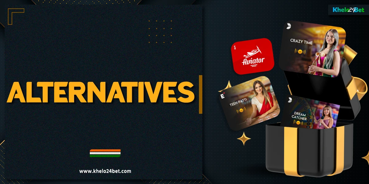 Black and gold box with alternative games flying out: Crazy Time, Dream Catcher, Aviator, Teen Patti, dark background with yellow and white abstract elements, Monopoly Big Baller alternatives