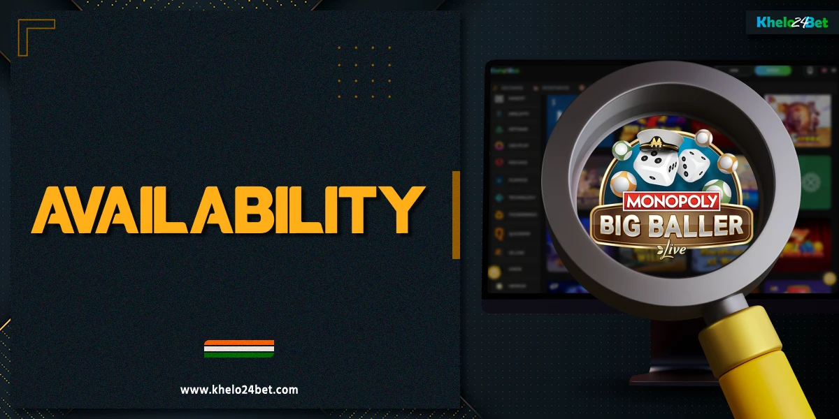 Blurred Khelo24Bet official website on a PC screen with a magnifying glass highlighting Monopoly Big Baller icon, dark background with yellow and white abstract elements, Monopoly Big Baller availability